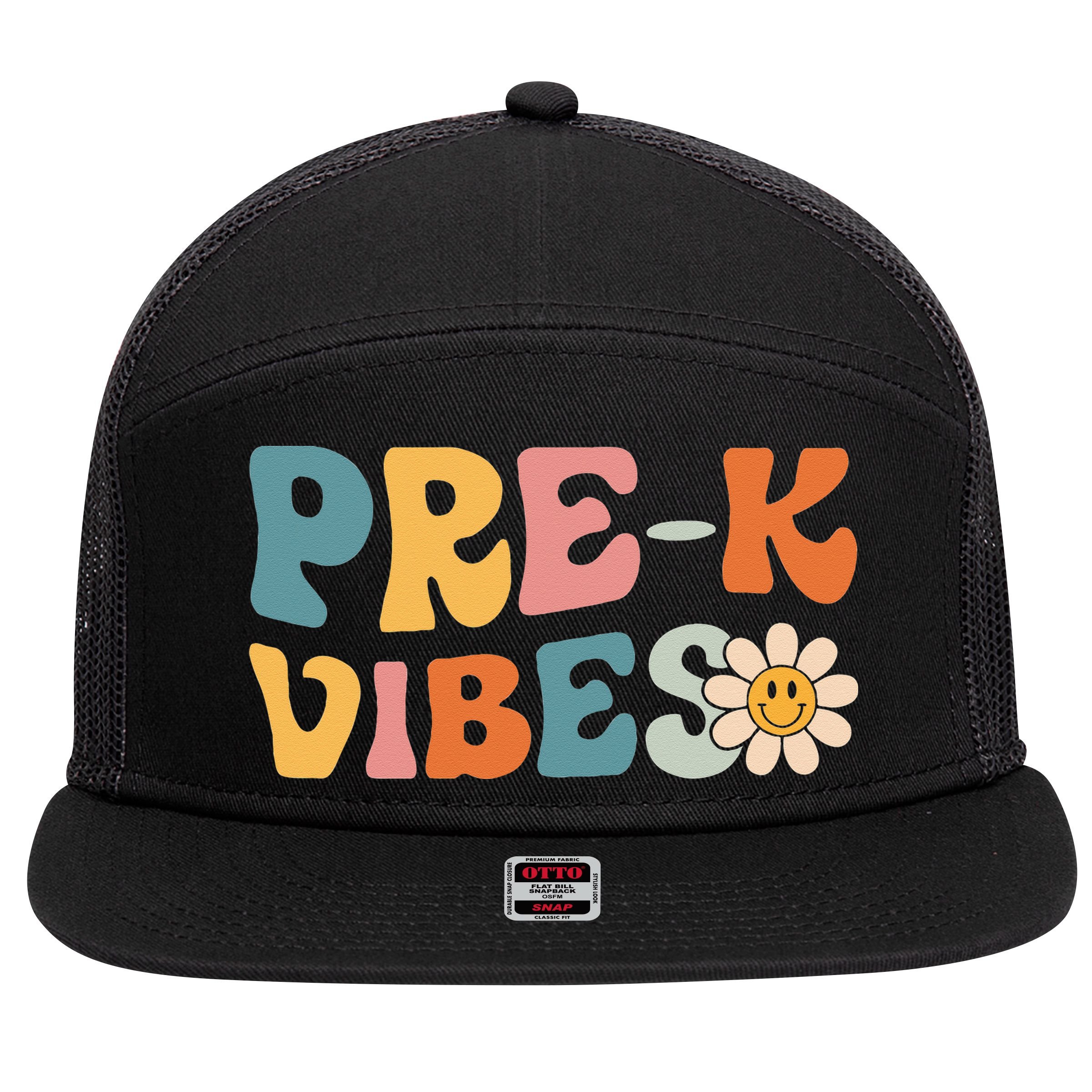 Preschool Vibes Cute Retro Back to School 7 Panel Mesh Trucker Snapback Hat