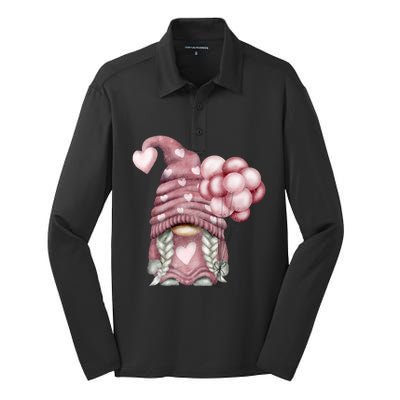 Pink Valentines Day Balloons With Cute Love Gnome Great Gift Silk Touch Performance Long Sleeve Polo