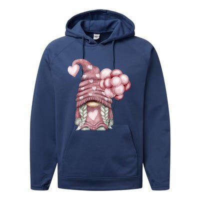 Pink Valentines Day Balloons With Cute Love Gnome Great Gift Performance Fleece Hoodie