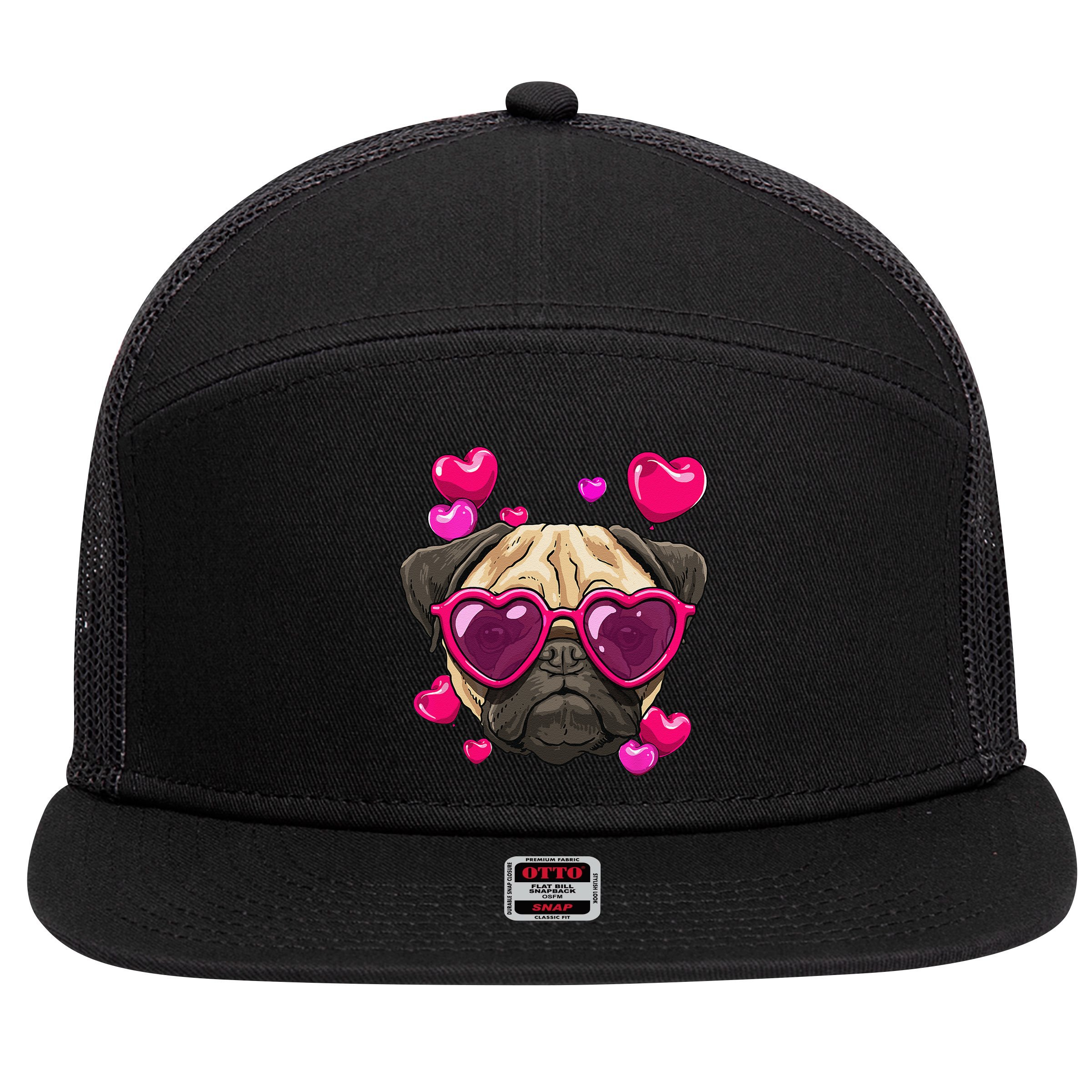 Pug Valentines Day Heart Pug Dog Lover 7 Panel Mesh Trucker Snapback Hat