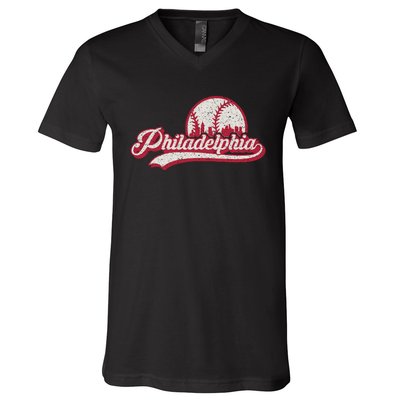 Philadelphia Vintage Distressed Baseball Lovers Cityscape V-Neck T-Shirt