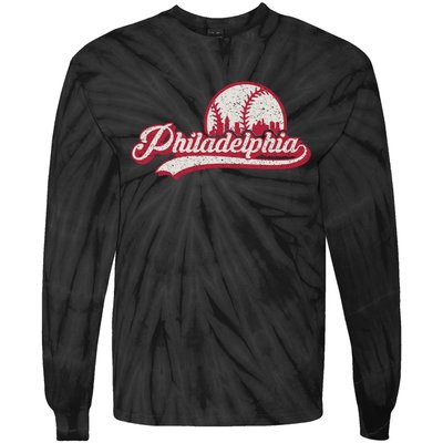 Philadelphia Vintage Distressed Baseball Lovers Cityscape Tie-Dye Long Sleeve Shirt