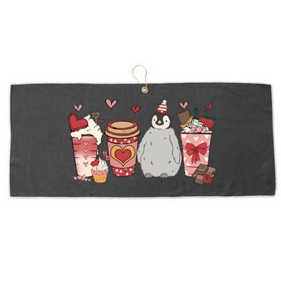 Penguin Valentines Day Animal And Coffee Lovers Funny Gift Large Microfiber Waffle Golf Towel