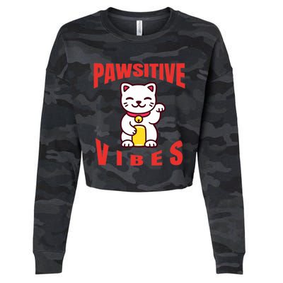 Pawsitive Vibes Funny Cat Japanese Anime Cropped Pullover Crew