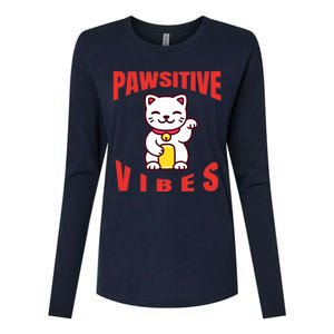 Pawsitive Vibes Funny Cat Japanese Anime Womens Cotton Relaxed Long Sleeve T-Shirt