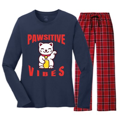 Pawsitive Vibes Funny Cat Japanese Anime Women's Long Sleeve Flannel Pajama Set 