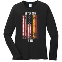 Patriotic Vintage German American Flag Guten Tag YAll Ladies Long Sleeve Shirt