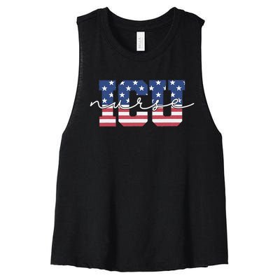 Patriotic VA ICU Nurse July 4th USA Independence Day Icu Rn Women's Racerback Cropped Tank