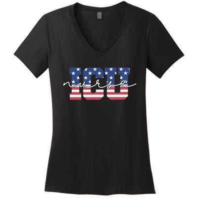 Patriotic VA ICU Nurse July 4th USA Independence Day Icu Rn Women's V-Neck T-Shirt