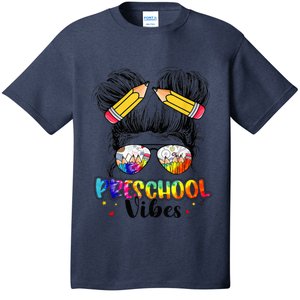 Preschool Vibes Messy Hair Bun Girl Back To School First Day T-Shirt