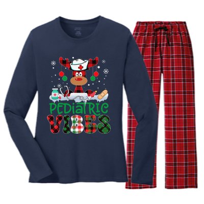 Pediatric Vibes Nurse Buffalo Red Plaid Reindeer Christmas Women's Long Sleeve Flannel Pajama Set 