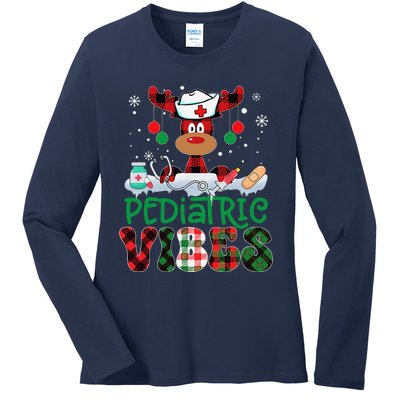 Pediatric Vibes Nurse Buffalo Red Plaid Reindeer Christmas Ladies Long Sleeve Shirt