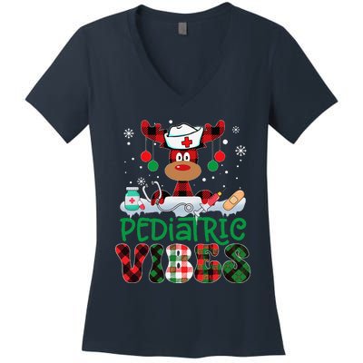 Pediatric Vibes Nurse Buffalo Red Plaid Reindeer Christmas Women's V-Neck T-Shirt