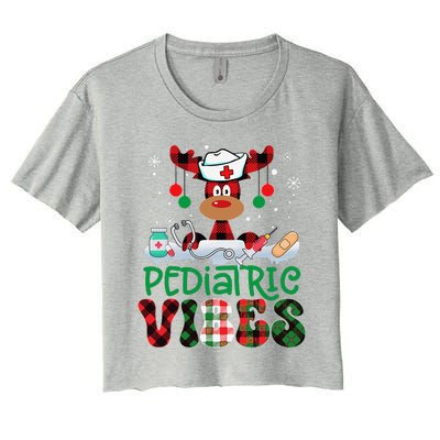 Pediatric Vibes Nurse Buffalo Red Plaid Reindeer Christmas Women's Crop Top Tee