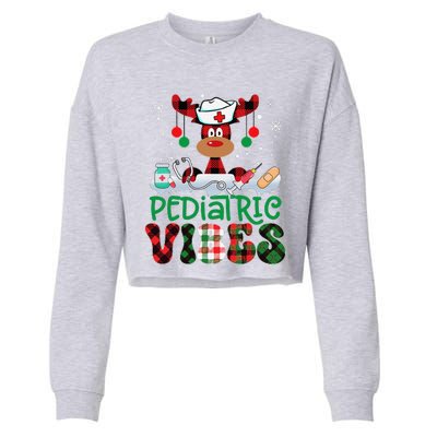 Pediatric Vibes Nurse Buffalo Red Plaid Reindeer Christmas Cropped Pullover Crew