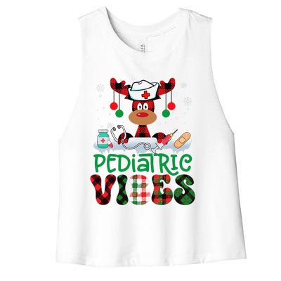 Pediatric Vibes Nurse Buffalo Red Plaid Reindeer Christmas Women's Racerback Cropped Tank