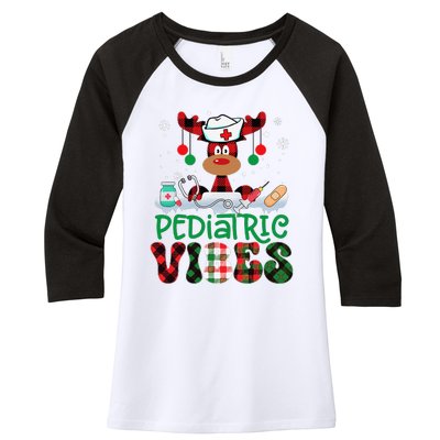 Pediatric Vibes Nurse Buffalo Red Plaid Reindeer Christmas Women's Tri-Blend 3/4-Sleeve Raglan Shirt