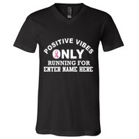 Positives Vibes Only Custom Name Breast Cancer V-Neck T-Shirt