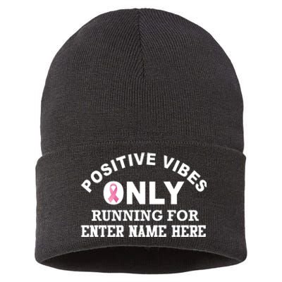 Positives Vibes Only Custom Name Breast Cancer Sustainable Knit Beanie