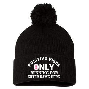 Positives Vibes Only Custom Name Breast Cancer Pom Pom 12in Knit Beanie