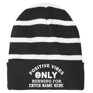 Positives Vibes Only Custom Name Breast Cancer Striped Beanie with Solid Band