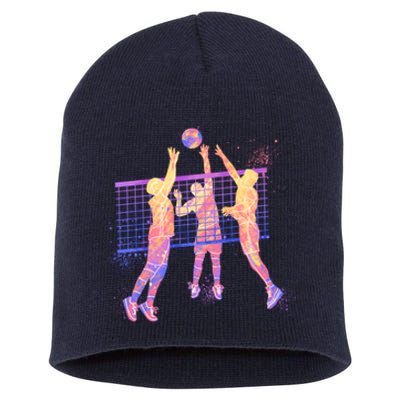 Playing Volleyball Players Colored Blocks Short Acrylic Beanie