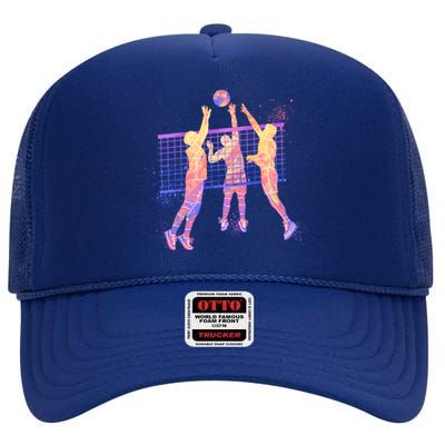 Playing Volleyball Players Colored Blocks High Crown Mesh Back Trucker Hat