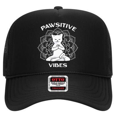 Pawsitive Vibes Positivity Meditation Lotus Mandala Yoga Cat High Crown Mesh Back Trucker Hat