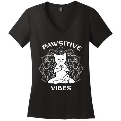 Pawsitive Vibes Positivity Meditation Lotus Mandala Yoga Cat Women's V-Neck T-Shirt