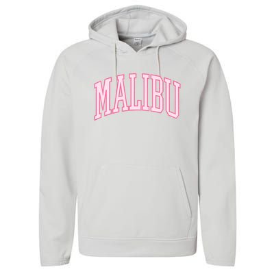 Preppy Varsity Pink Malibu CA California Font Performance Fleece Hoodie