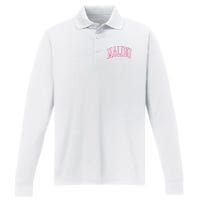 Preppy Varsity Pink Malibu CA California Font Performance Long Sleeve Polo