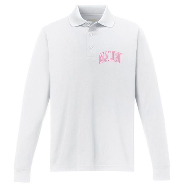 Preppy Varsity Pink Malibu CA California Font Performance Long Sleeve Polo