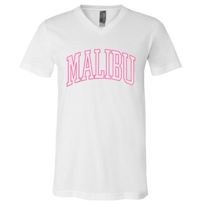 Preppy Varsity Pink Malibu CA California Font V-Neck T-Shirt