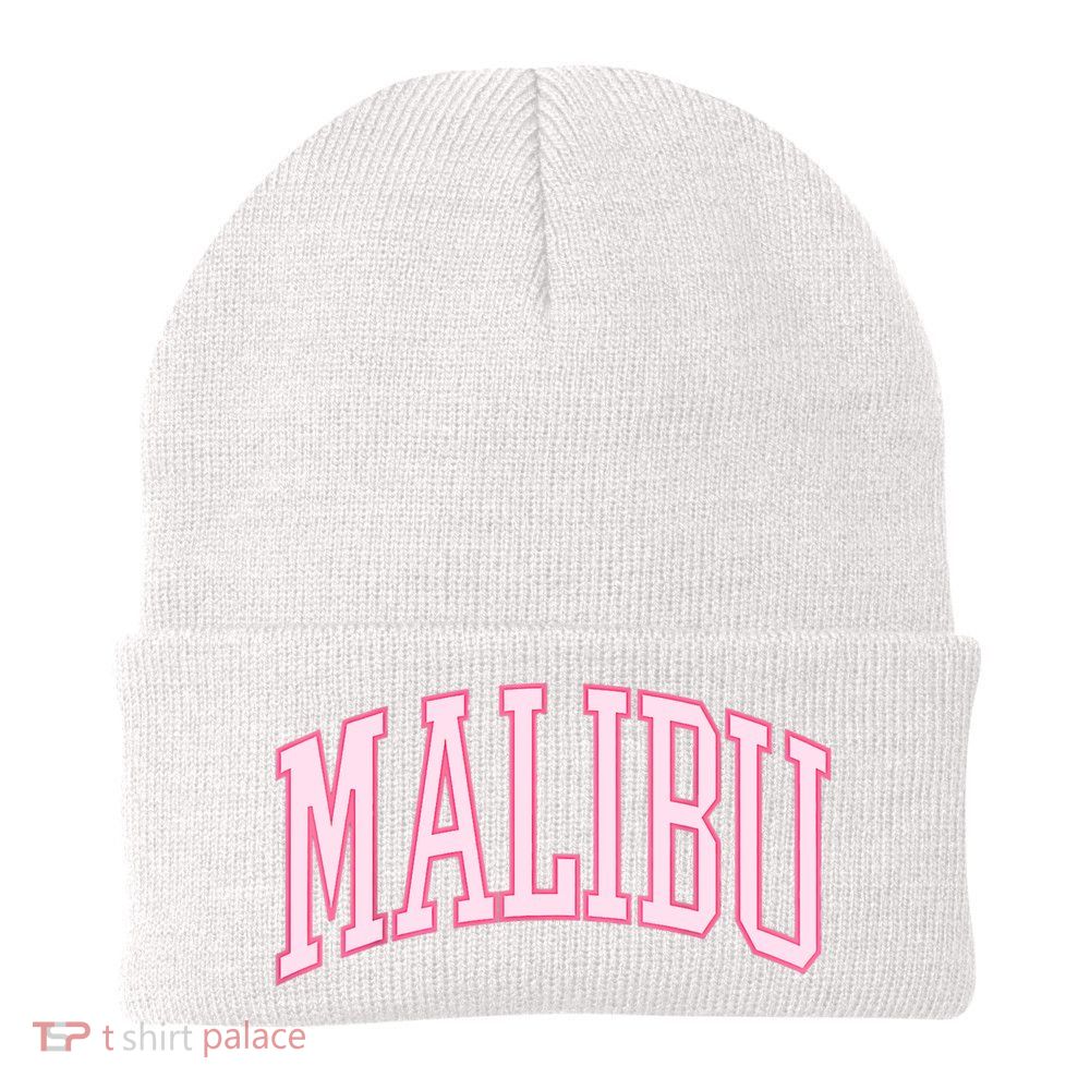 Preppy Varsity Pink Malibu CA California Font Beanie