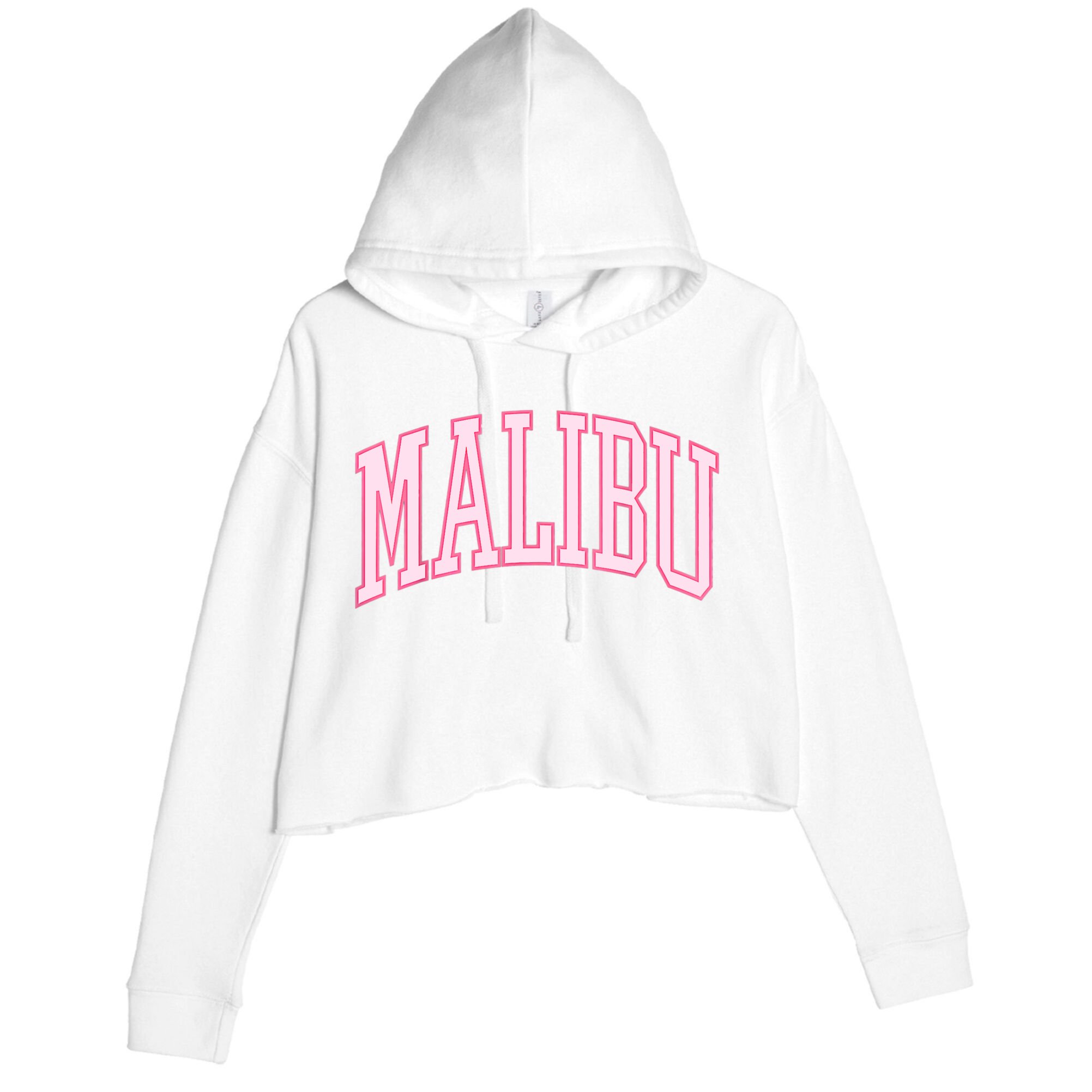 Preppy Varsity Pink Malibu CA California Font Crop Fleece Hoodie