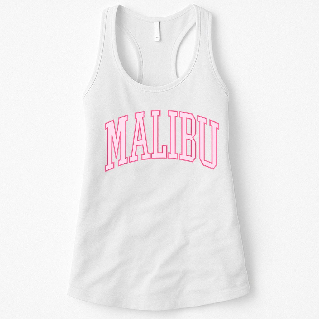 Preppy Varsity Pink Malibu CA California Font Womens Tank Top
