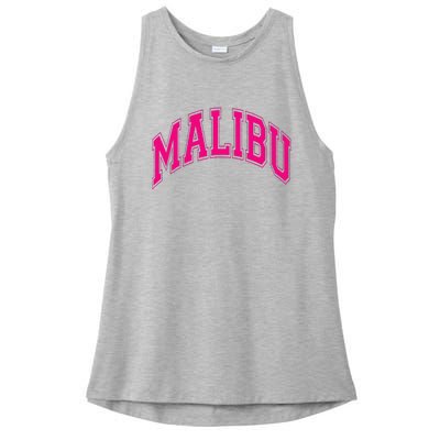 Preppy Varsity Pink Malibu CA California Font Ladies PosiCharge Tri-Blend Wicking Tank