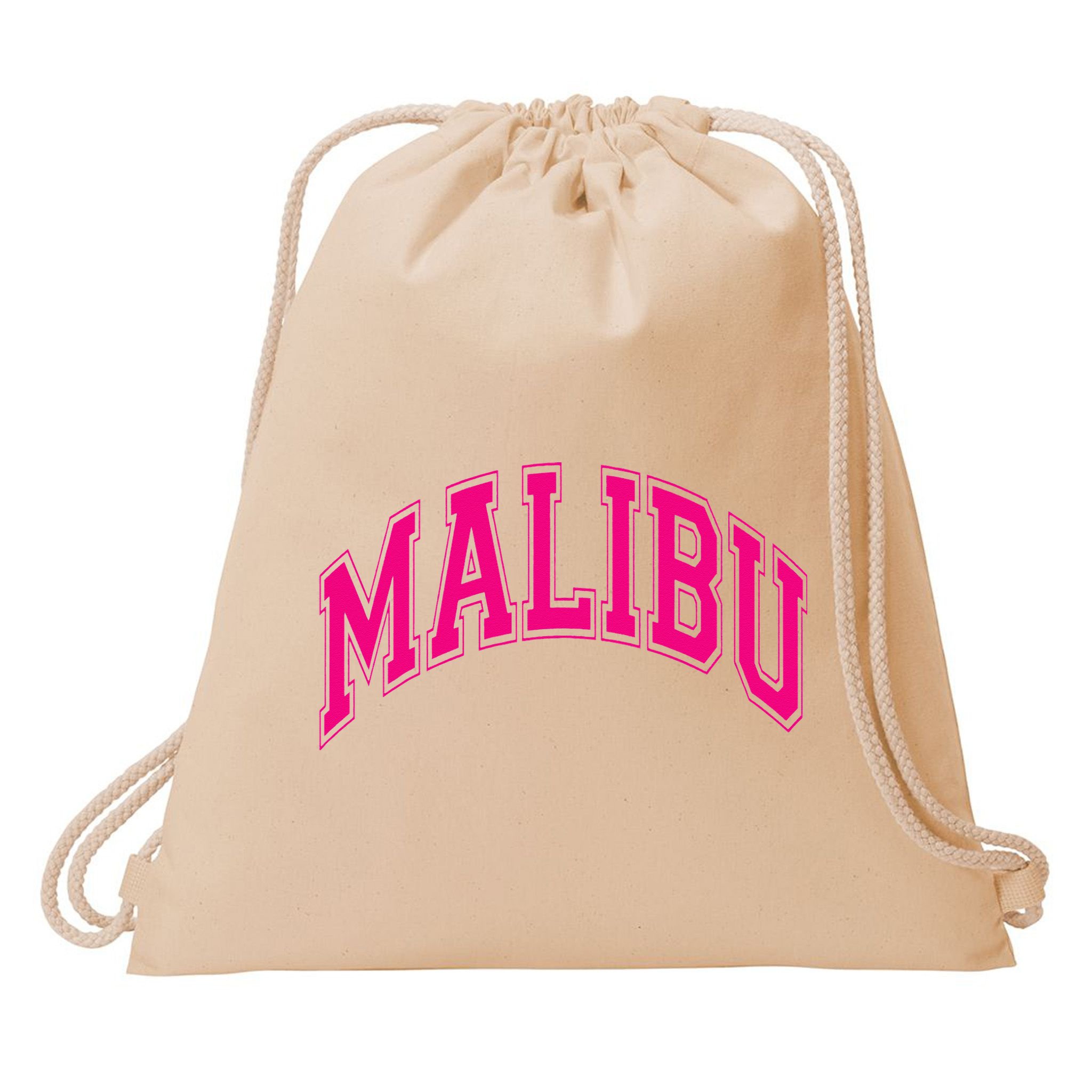Preppy Varsity Pink Malibu CA California Font Drawstring Bag