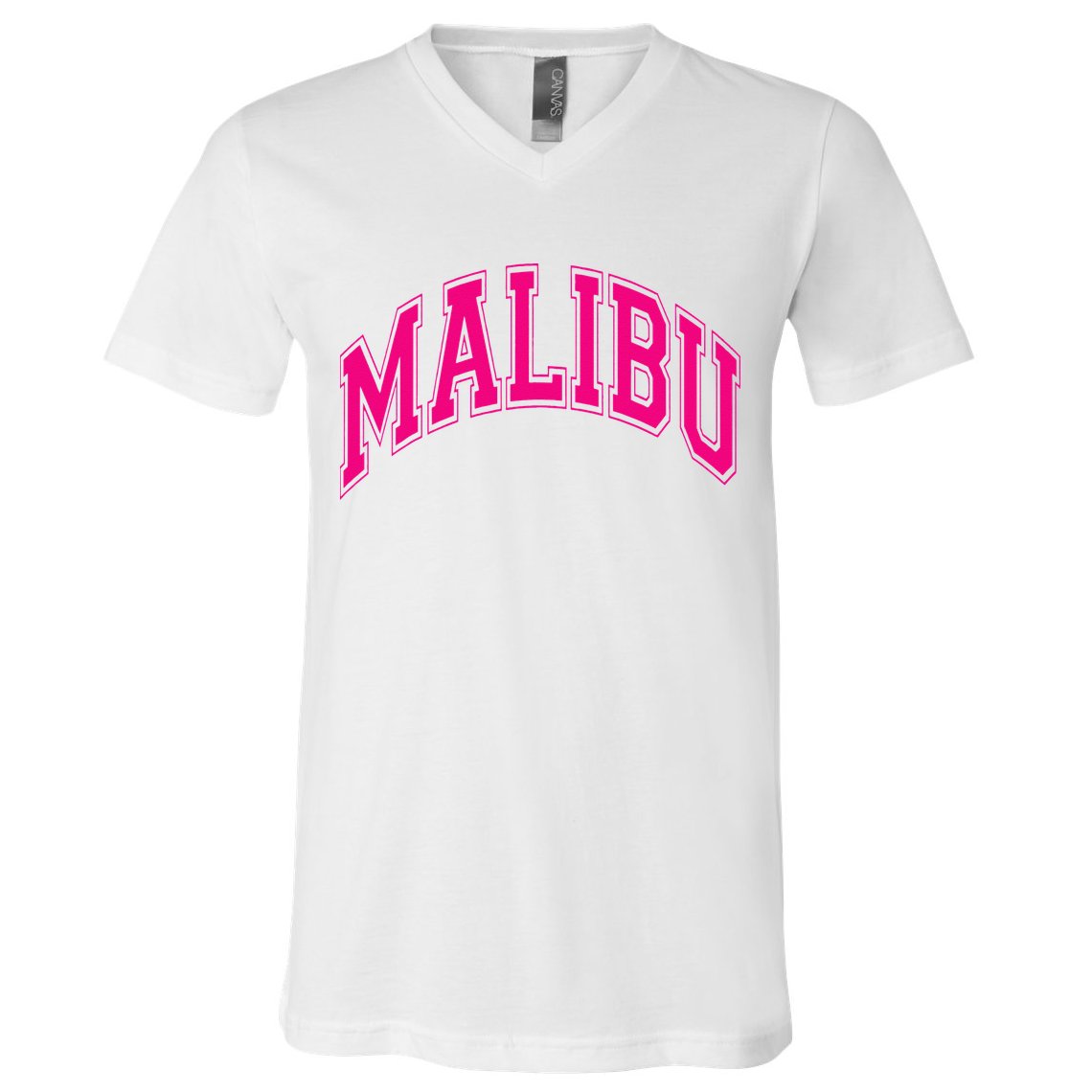 Preppy Varsity Pink Malibu CA California Font V-Neck T-Shirt