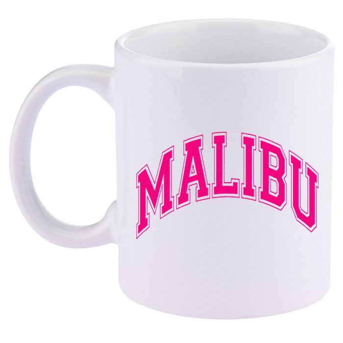 Preppy Varsity Pink Malibu CA California Font 11oz C Handle Ceramic Mug