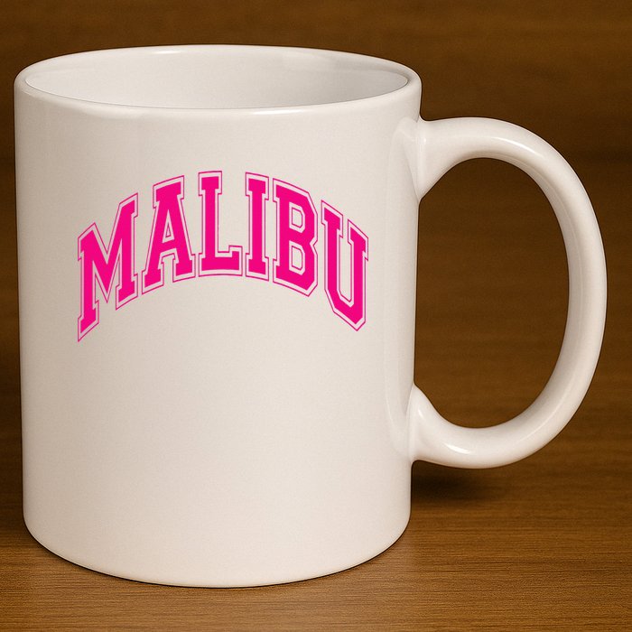 Preppy Varsity Pink Malibu CA California Font 11oz C Handle Ceramic Mug