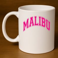 Preppy Varsity Pink Malibu CA California Font 11oz C Handle Ceramic Mug
