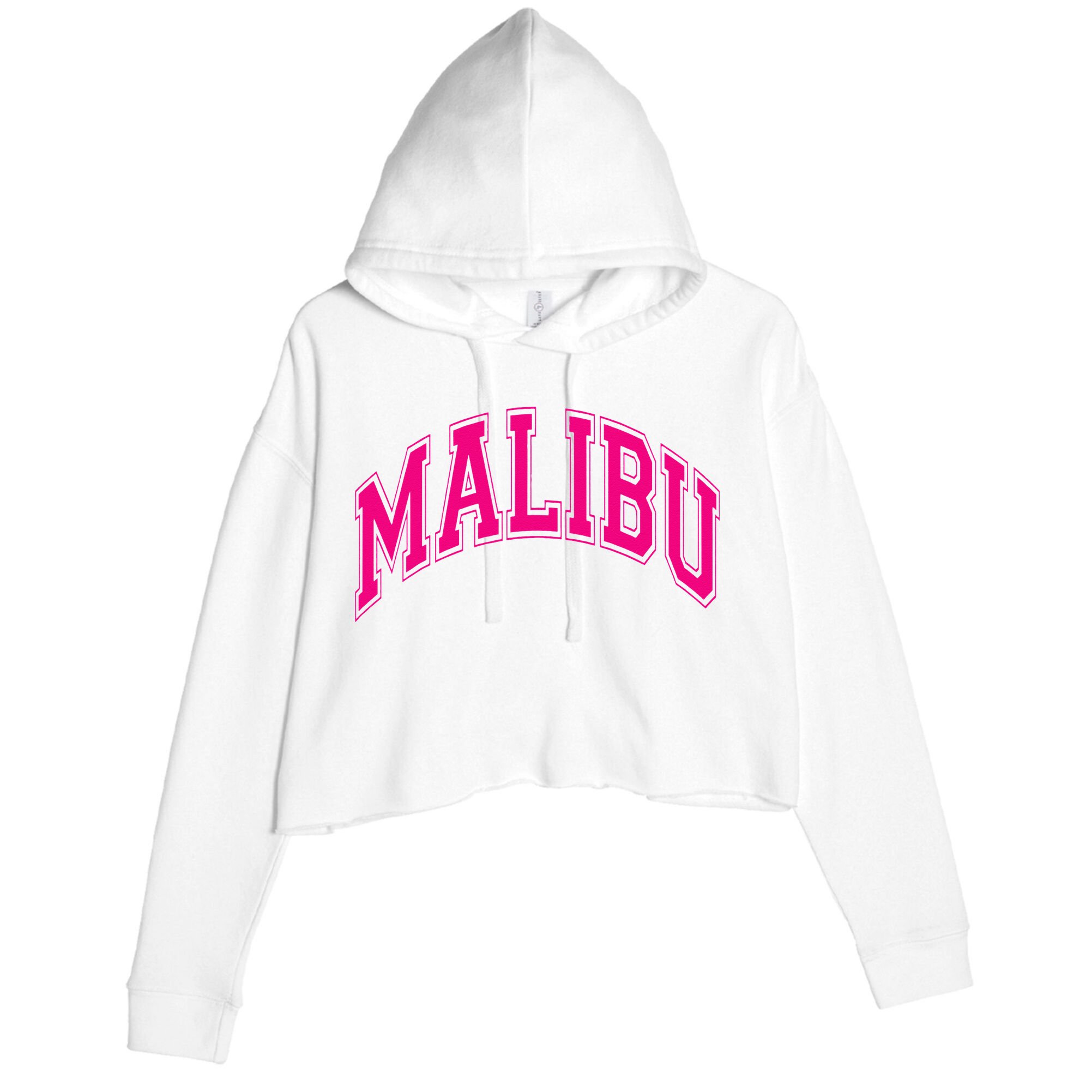 Preppy Varsity Pink Malibu CA California Font Crop Fleece Hoodie