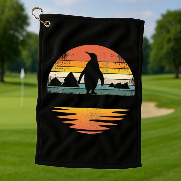 Penguin Vintage Retro Sunset Penguin Lover Golf Towel