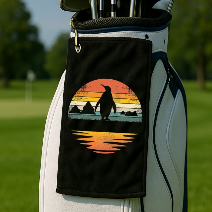 Penguin Vintage Retro Sunset Penguin Lover Golf Towel