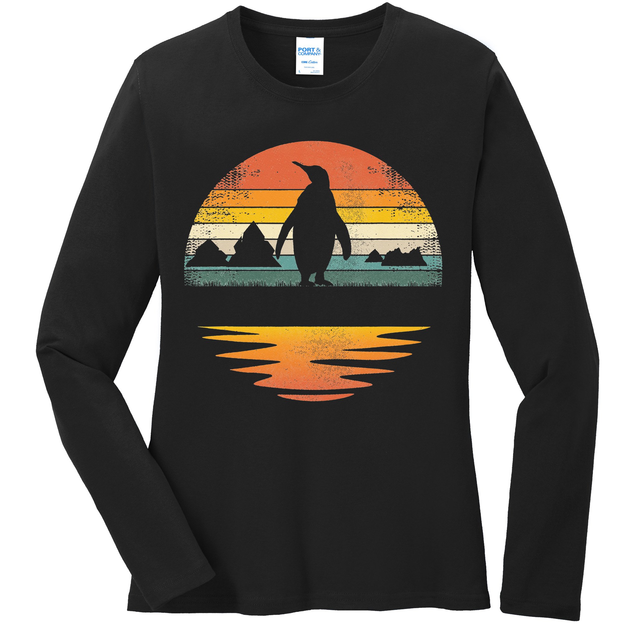 Penguin Vintage Retro Sunset Penguin Lover Ladies Long Sleeve Shirt