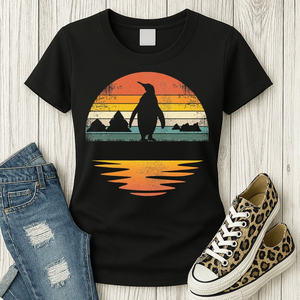 Penguin Vintage Retro Sunset Penguin Lover Womens T-Shirt
