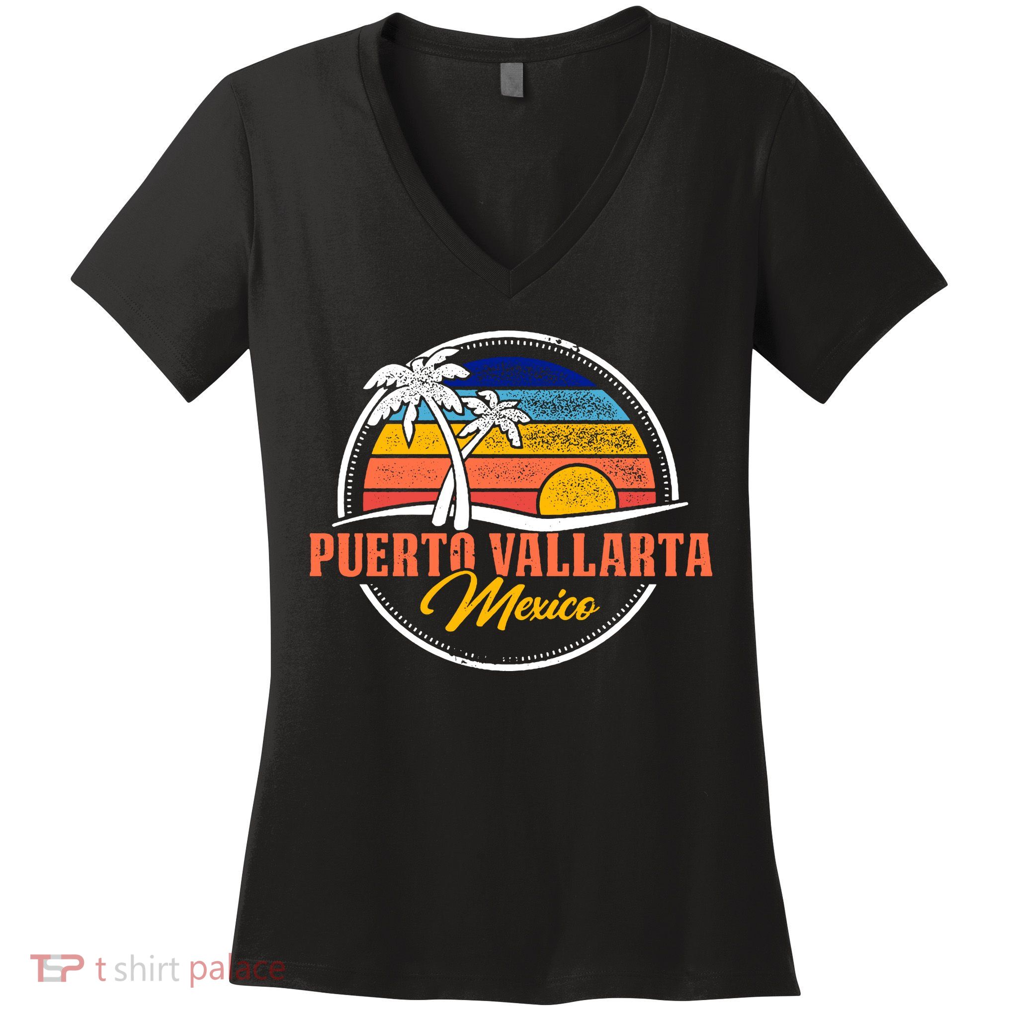 Puerto Vallarta Retro Sunset Women's V-Neck T-Shirt