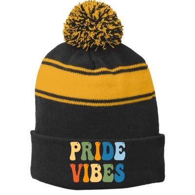 Prides Vibes Retro LGBTQ Stripe Pom Pom Beanie