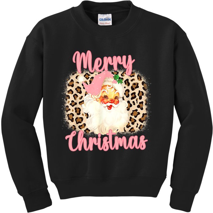 Pink Vintage Santa Claus Merry Christmas Leopard Kids Sweatshirt